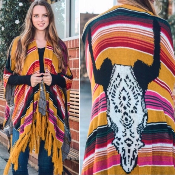 Sweaters | Bohemian Cow Skull Serape Ruana Poncho Shawl | Poshmark